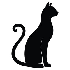 Black cat silhouette sitting elegantly isolated on white background