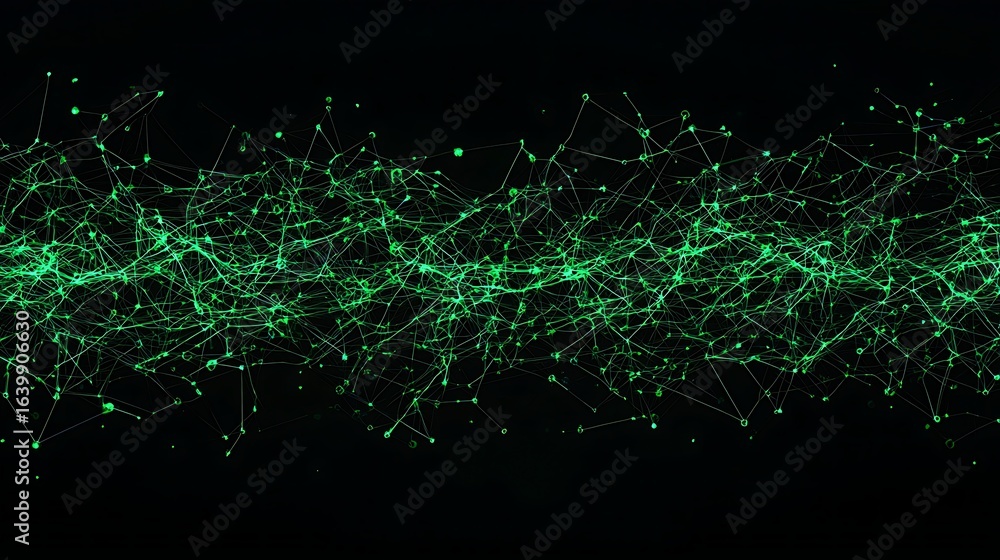 Poster a vibrant digital network of interconnected lines and nodes illuminated in green against a dark back