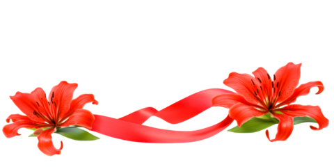 Red Tiger Lily Flowers with Flowing Ribbon PNG
