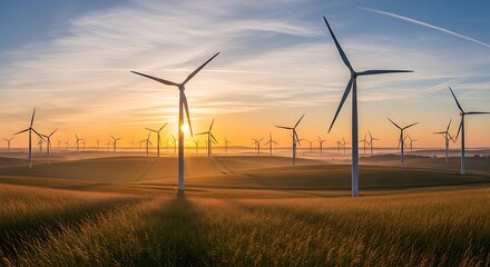 Obraz premium Breathtaking Sunset Over a Scenic Wind Farm: Renewable Energy Landscape with Towering Turbines Surrounded by Lush Green Fields and a Golden Horizon, Perfect for Sustainability and Eco-Friendly Themes