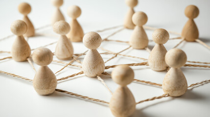 Wooden peg figures connected by string to illustrate a network or social connection concept