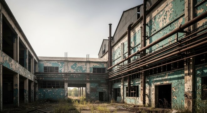 Decayed industrial building with peeling paint and broken windows