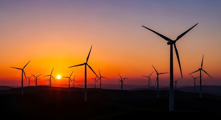 Breathtaking Wind Turbines Stretched Across Rolling Hills Beneath a Vibrant Sunset Sky: A Stunning Landscape Capturing the Essence of Renewable Energy and Nature's Beauty for Sustainable Futures