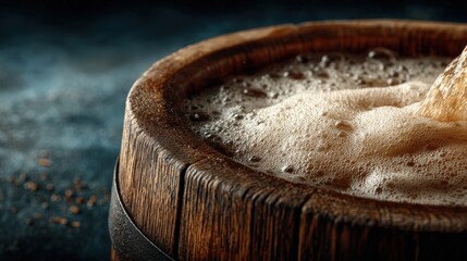 Organic cider production in Normandy with wooden barrel and frothy cider