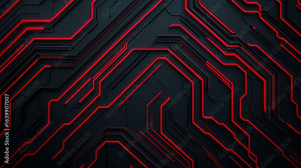 Poster a striking abstract design featuring intricate black and red circuit patterns, evoking a sense of te