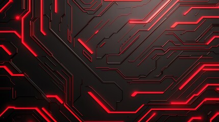 A striking circuit board design with intricate lines and vibrant red accents against a sleek black background, representing modern technology and innovation.