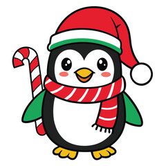 Cute penguin holding candy cane silhouette isolated on white background