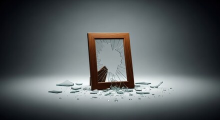 Broken frame with shattered glass pieces scattered on the floor in dim lighting