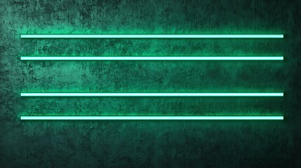 Obraz premium A textured wall with four parallel glowing neon strips in vibrant green, creating a modern and artistic ambiance.