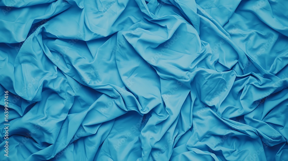 Poster a close-up of crumpled blue fabric, showcasing its texture and folds, creating a soft and inviting a