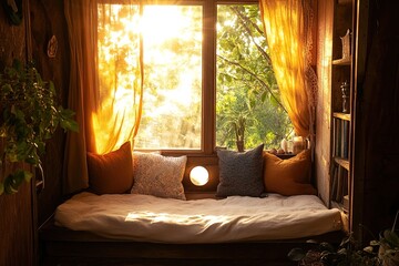 Fototapeta premium peaceful meditation in a cozy nook with cushions and warm sunlight