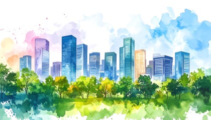 Watercolor illustration of a cityscape with trees and parkland.