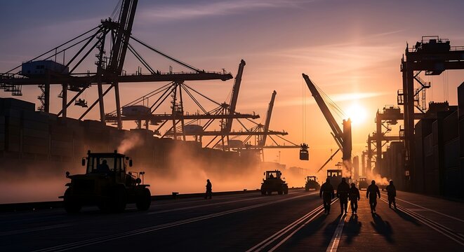 Dramatic Sunrise Over Industrial Port: Silhouetted Workers and Cranes in Action Amidst Bleak Fog, Highlighting Dynamic Logistics and Transport Operations at Dawn with a Touch of Urban Aesthetics