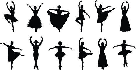 Ballet dancer silhouette icon set, elegant ballerina poses, pirouette and arabesque vector pack, minimal dance illustration, cad drawing ©  Creative Crafter