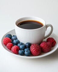 Fresh berries and coffee served on a white plate with a white background