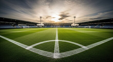 Obraz premium Empty stadium under a dramatic sky, bright green field & crisp white lines