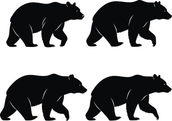 Bear walking silhouette icon set, black vector illustration, animal movement poses, cad drawing, wildlife side profile collection