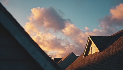 Sunset Behind Two Rooftops with Vibrant Clouds in Residential Neighborhood Scene