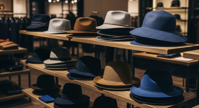 Assortment of hats displayed on wooden shelves in a retail setting