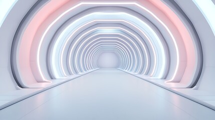 Obraz premium A futuristic corridor features smooth, curved lines illuminated by soft, colorful lighting, creating a modern and sleek architectural space.