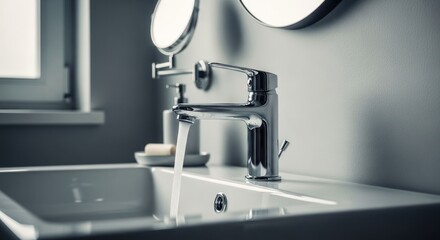 Chrome faucet flowing water into white sink; dual mirrors in modern bathroom