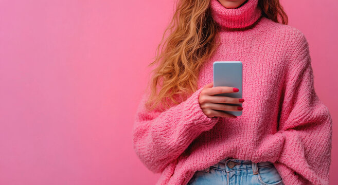Woman in cozy pink sweater holds smartphone against pink background, showcasing casual and stylish look. Her long hair and painted nails add to vibrant and modern aesthetic - Powered by Adobe