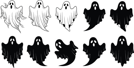 Obraz premium Ghost icon vector set, black and white silhouette collection, spooky character pack, Halloween spirits, cad drawing flat vector illustration