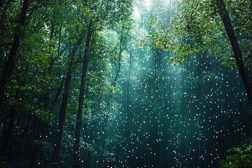 Obraz premium peaceful meditation with soft rain falling on a forest canopy