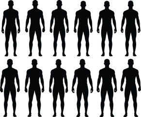 Human silhouette icon set, black standing figure collection, uniform pose grid, minimal body shapes, cad drawing flat vector illustration