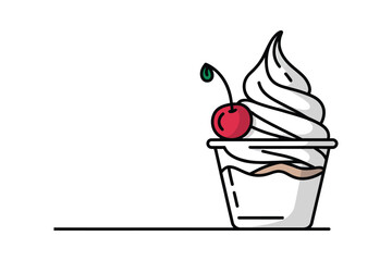 Minimalist One Line Drawing of an Ice Cream Cup with Cherry – Continuous Line Dessert Illustration