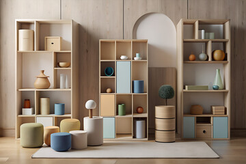 Fototapeta premium Three light wood shelving units with various decorations and colorful stools in a minimalist setting