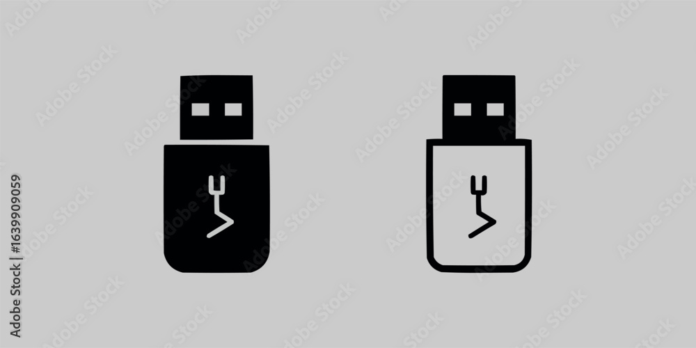 Poster Dual USB Drive Icons Representing Data Storage and Connection Technology with Stylized Lightbulb Illustration on a Gray Background