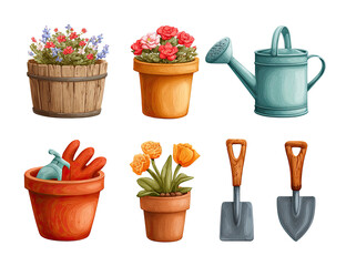 Colorful garden items in terracotta and wooden pots.  Flowers, watering can, gloves, and gardening tools