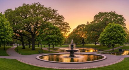 Obraz premium Fountain in park reflecting sunset light with trees and curving paths