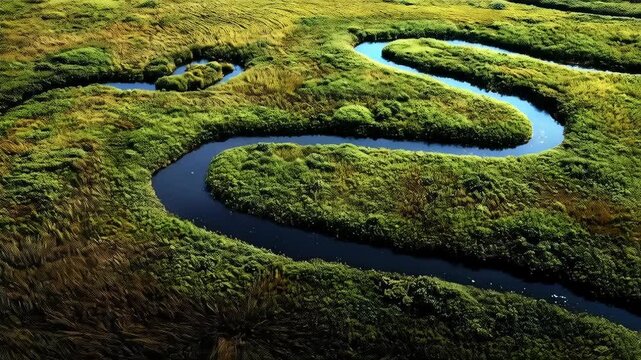 Aerial view: A winding river meanders through lush green marshlands. The camera slowly glides over the landscape, revealing the intricate patterns of the water