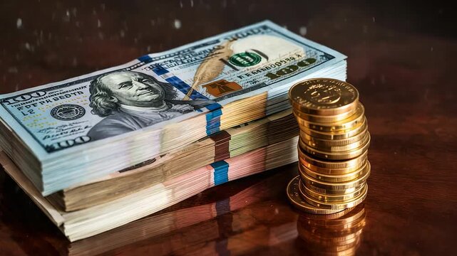 Stack of US hundred dollar bills beside neatly arranged pile of shiny gold coins on polished wooden surface in close-up view

