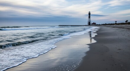 Coastal scene with waves washing up on a sandy beach, lighthouse afar