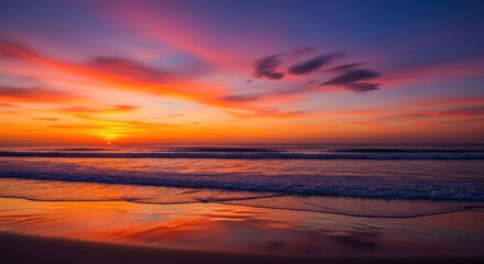 Beach at sunset with colorful orange and purple sky reflected on wet sand