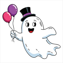 Hand drawn Halloween cute and smiling ghost wearing gentle hat. Perfect for treats or tricks, friendly spooky themes, and festive Halloween decoration designs.