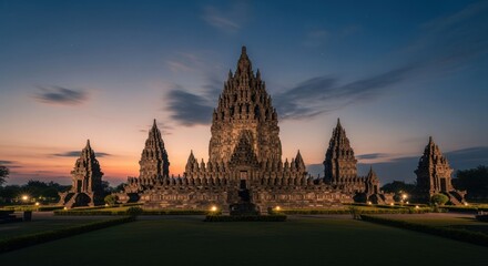 Obraz premium Ancient temple with tiered spires under a pastel twilight sky
