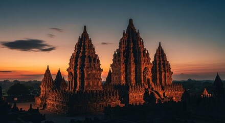 Fototapeta premium Ancient, ornate temple complex illuminated against a sunset sky