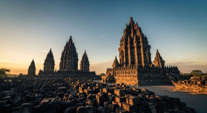 Ancient stone temples at dawn under a clear blue sky