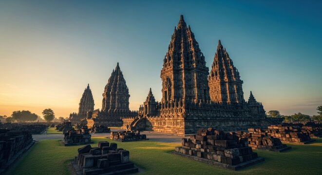 Ancient stone temples stand against a bright, clear sky at sunrise