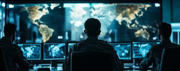 Global Surveillance Team Monitoring World Map, Cybersecurity, Military Intelligence Cybersecurity, Global Security