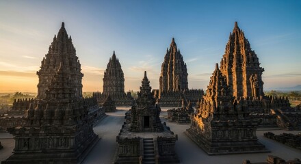 Fototapeta premium Ancient gray stone temples under dawn light against blue sky, landscape view