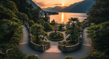 Elegant garden overlooking lake at sunset with mountains in background