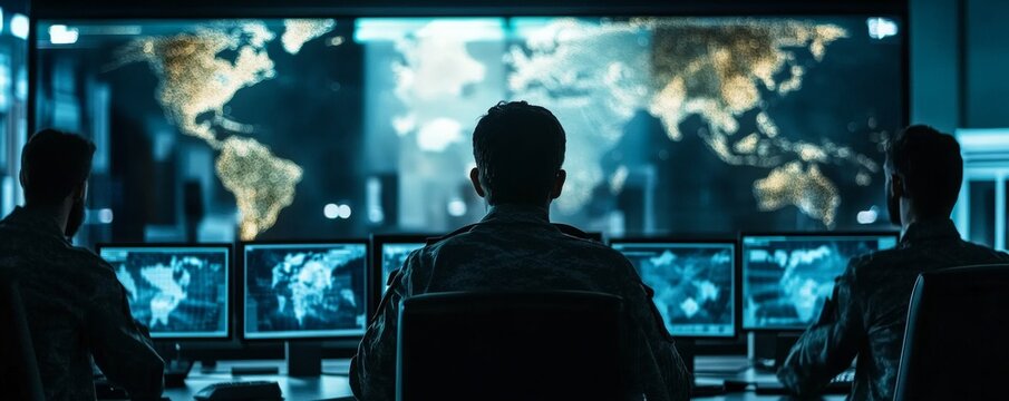 Global Surveillance Team Monitoring World Map, Cybersecurity, Military Intelligence Cybersecurity, Global Security