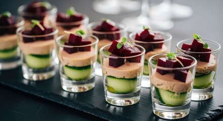 Appetizers with beets, pate, and cucumber in shot glasses, staged close up