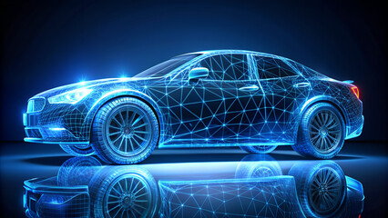 Futuristic electric car concept with digital network overlay, representing advanced automotive technology and innovation in motion