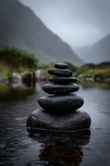Serene Stacked Stones in Mountain Stream, Calm Water Reflection
